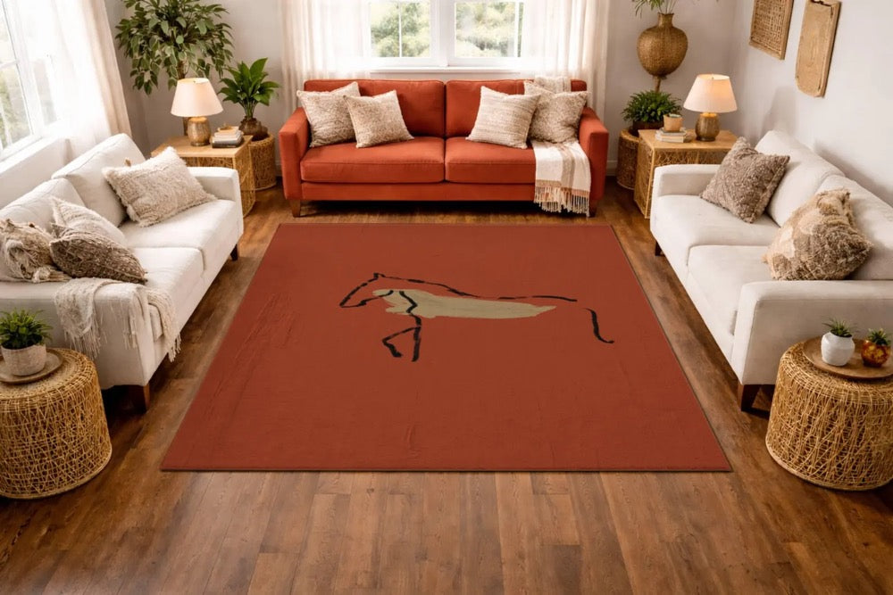 Abstract Horse Art Rug, Hand Drawn Minimal Line Art Area Rug, Modern Boho Rustic Home Decor, Artist Designed Rug, Modern Floor Rug