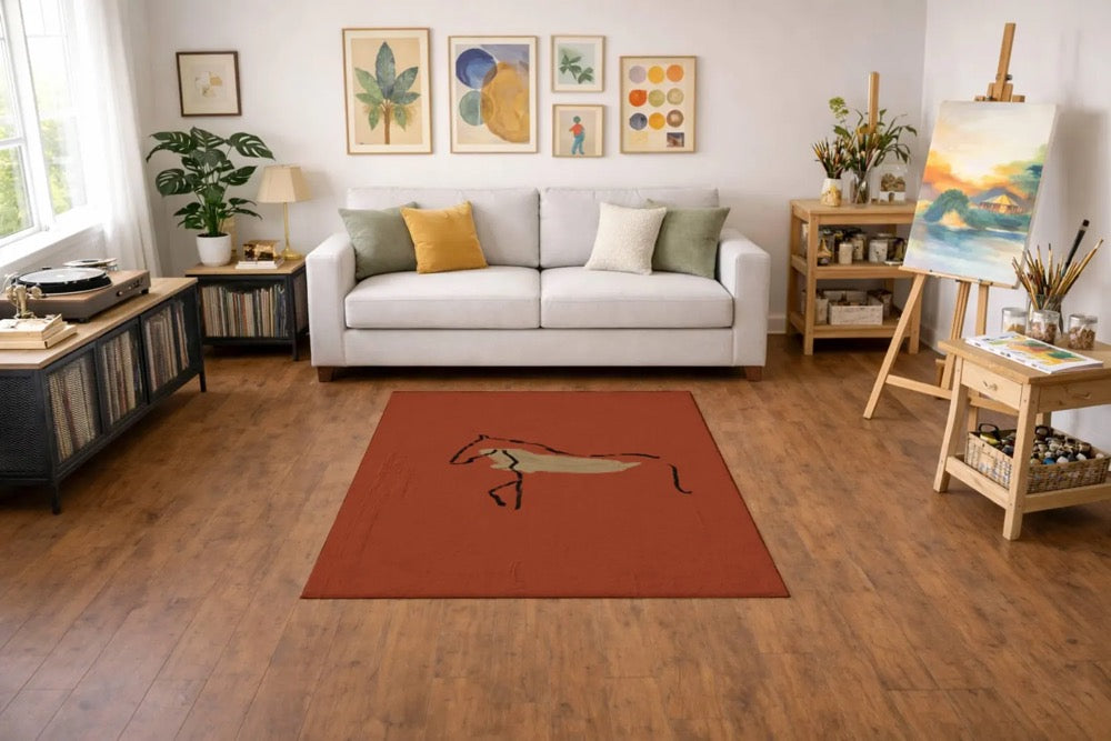 Abstract Horse Art Rug, Hand Drawn Minimal Line Art Area Rug, Modern Boho Rustic Home Decor, Artist Designed Rug, Modern Floor Rug