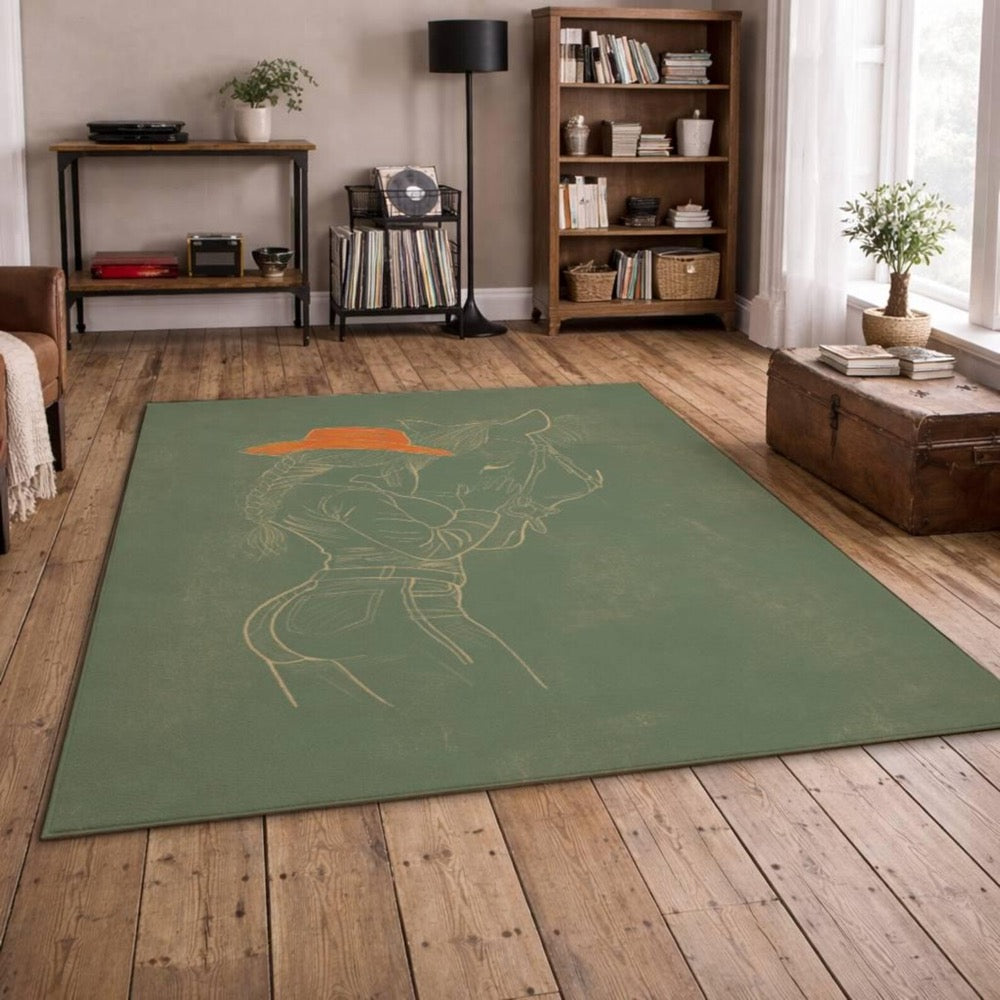 Cowgirl and Horse Art Rug, Horse Girl, Hand Drawn Line Art Area Rug, Minimal Western Decor, Artist Designed Rug, Area Rug, Modern Rug