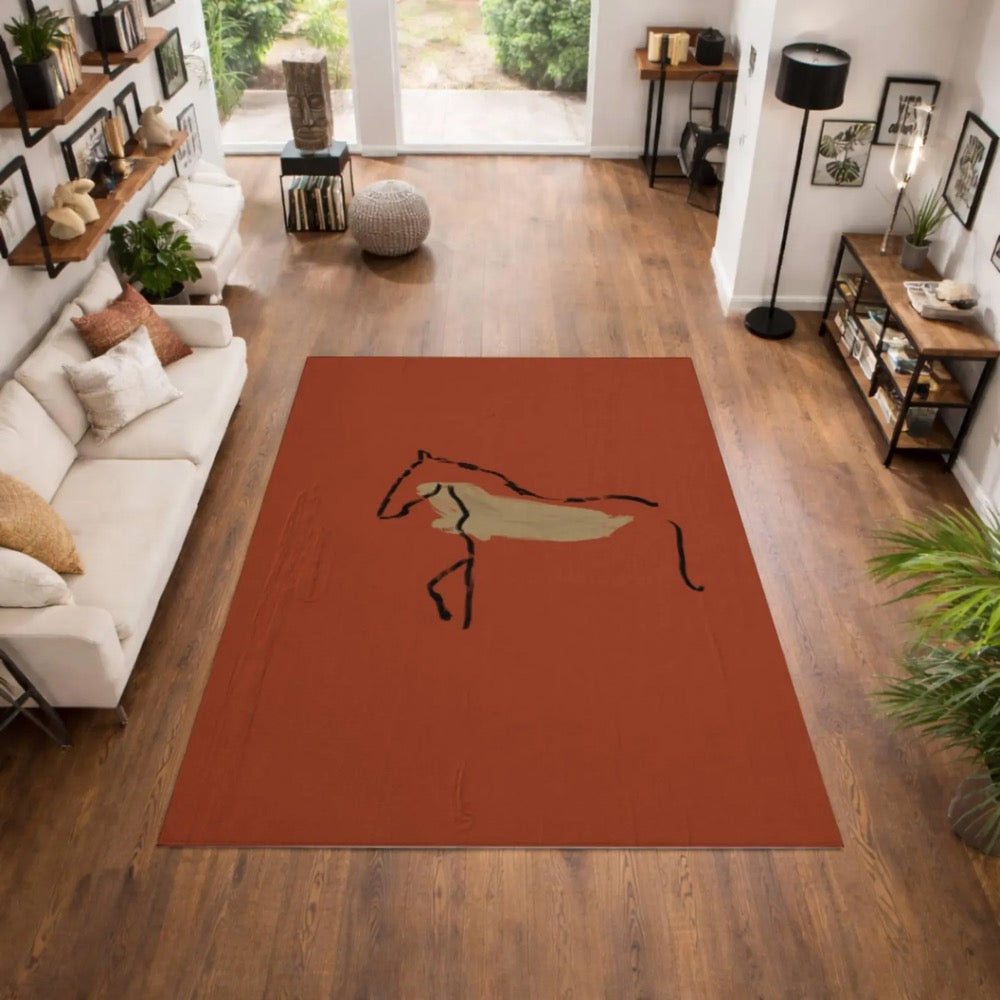 Abstract Horse Art Rug, Hand Drawn Minimal Line Art Area Rug, Modern Boho Rustic Home Decor, Artist Designed Rug, Modern Floor Rug