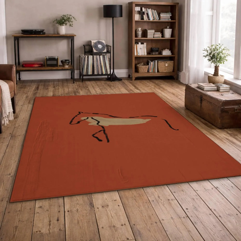 Abstract Horse Art Rug, Hand Drawn Minimal Line Art Area Rug, Modern Boho Rustic Home Decor, Artist Designed Rug, Modern Floor Rug
