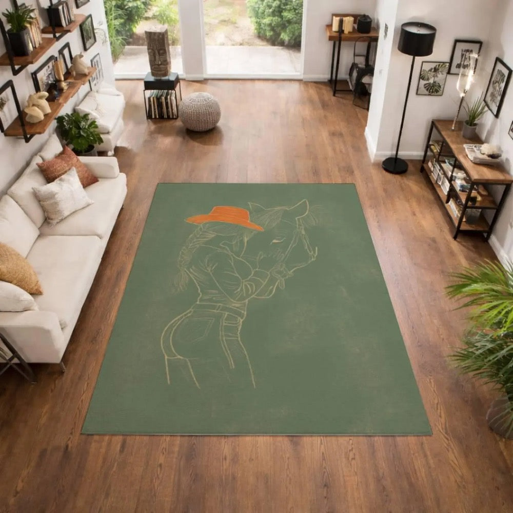 Cowgirl and Horse Art Rug, Horse Girl, Hand Drawn Line Art Area Rug, Minimal Western Decor, Artist Designed Rug, Area Rug, Modern Rug