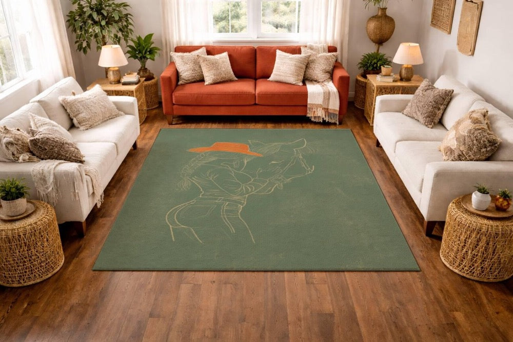 Cowgirl and Horse Art Rug, Horse Girl, Hand Drawn Line Art Area Rug, Minimal Western Decor, Artist Designed Rug, Area Rug, Modern Rug